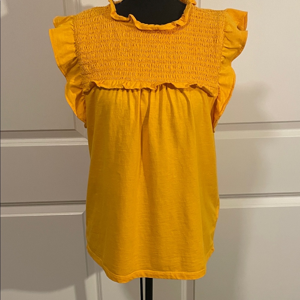 J. Crew Mustard Yellow Smocked Ruffle Blouse Size Small